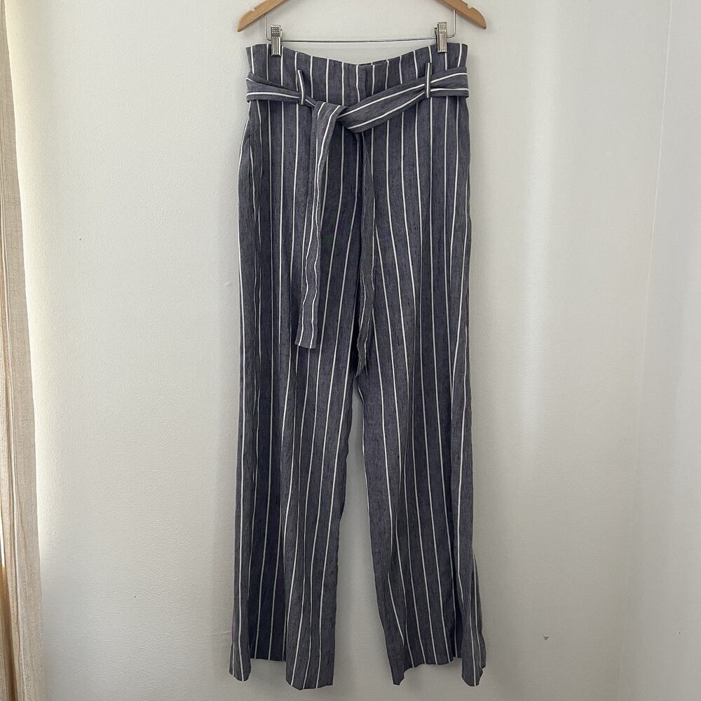 Theory Size 12 Wide Leg Belted Trousers Stripe Wither Linen Belt Pant Fl_